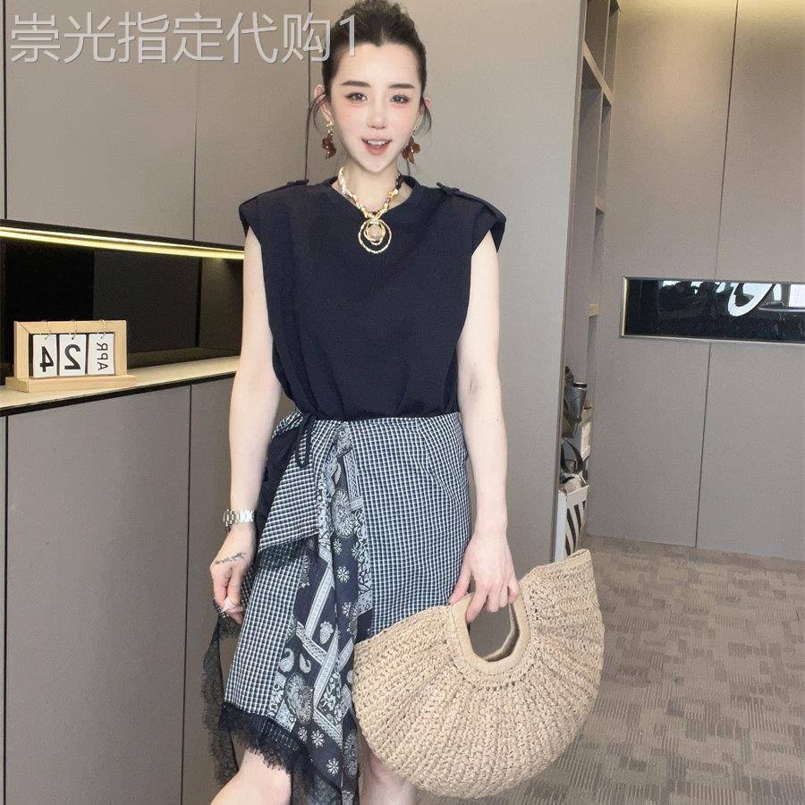 腰封洋装套装女2026夏新不规则格子屁帘+砍袖T恤裙中长裙两件套