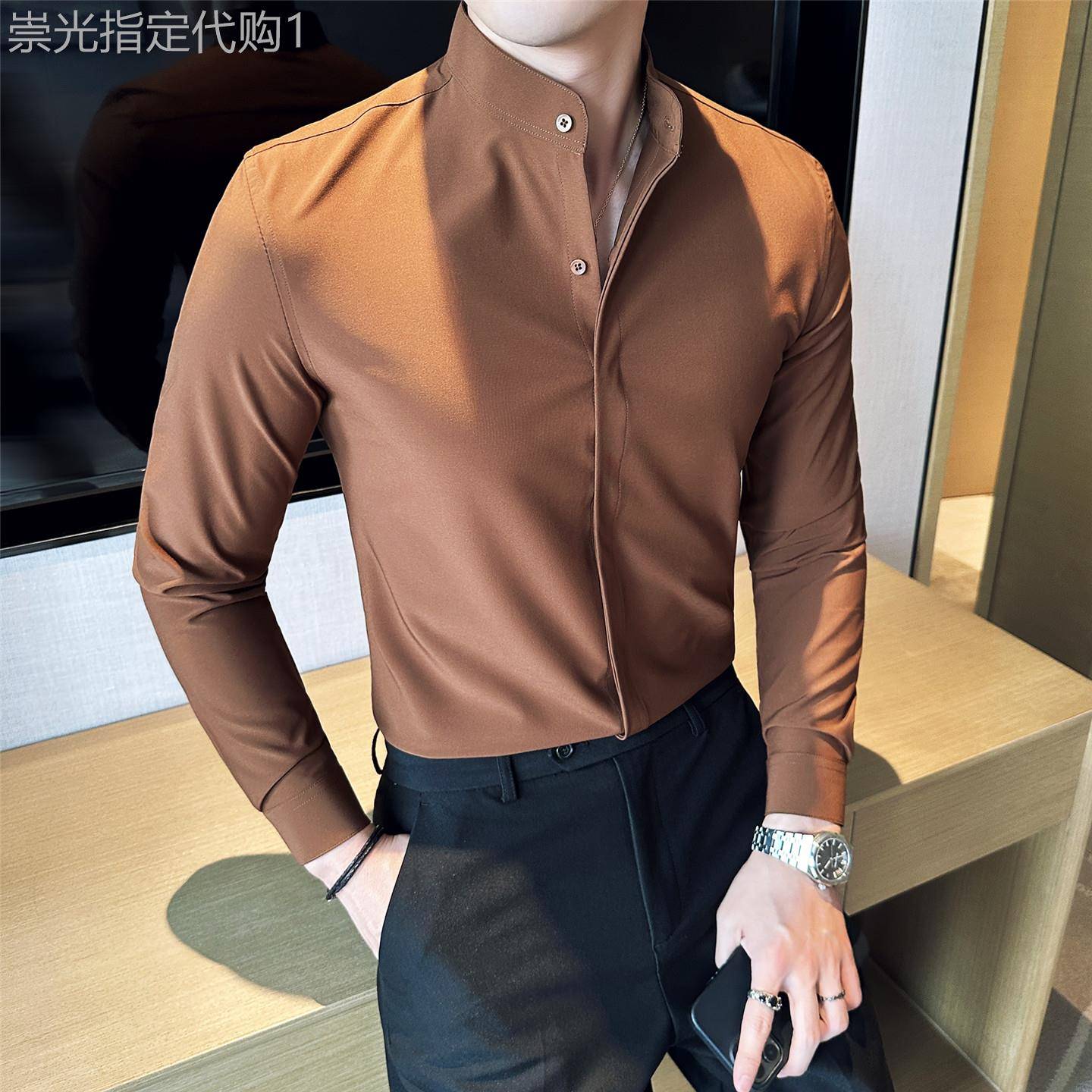 潮牌新中式立领衬衫男士商务正装高级感痞帅弹力长袖休闲免烫衬衣