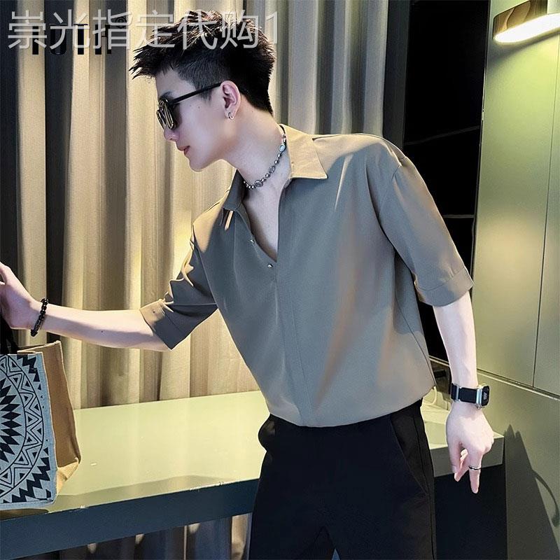 冰丝短袖衬衫男士夏季潮牌修身高级感痞帅V领休闲七分袖衬衣外套