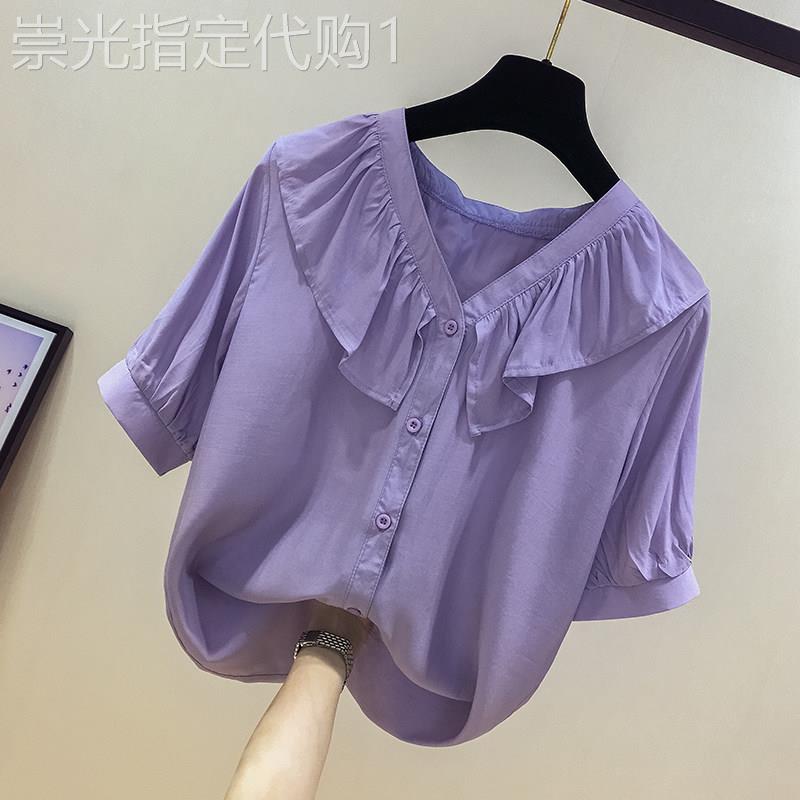 雪纺衬衫女短袖夏季2026新款宽松V领荷叶边小衫时尚洋派半袖上衣