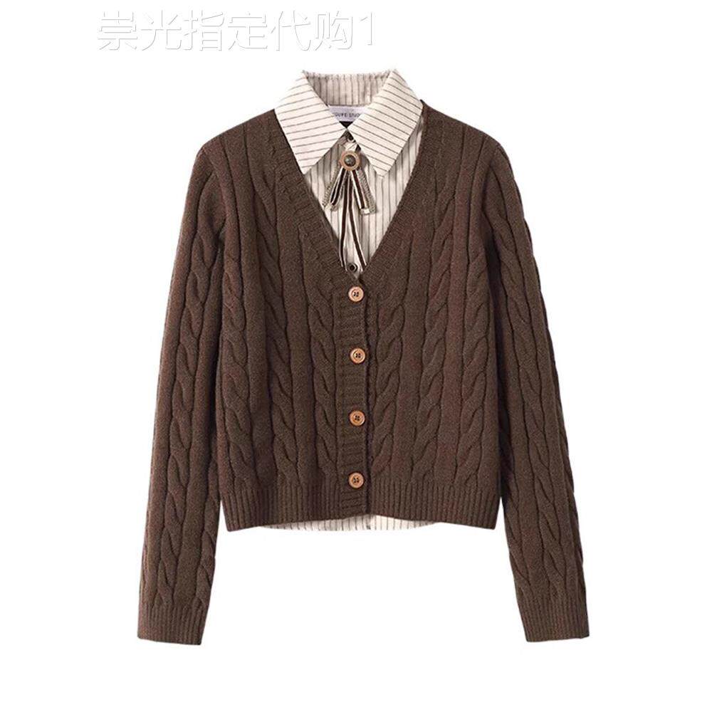 覆古捻假两件套头女装2025秋冬新款大尺寸学院风衬衫领针织开衫夹