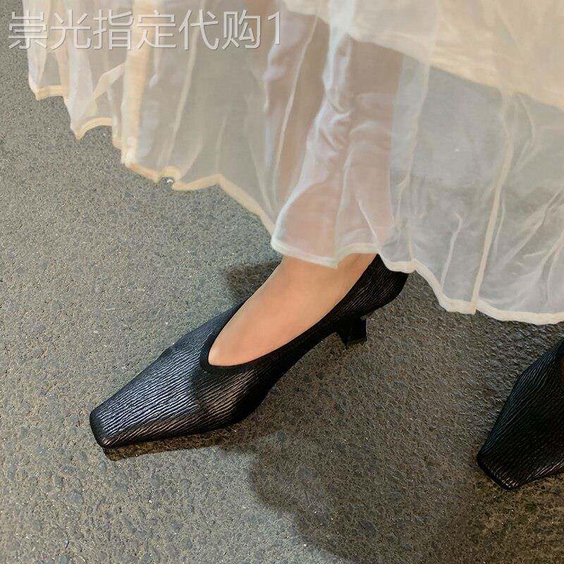 素雅斑斑~软!小众套脚女巫鞋法式方头V口高跟鞋舒适软皮单鞋春款
