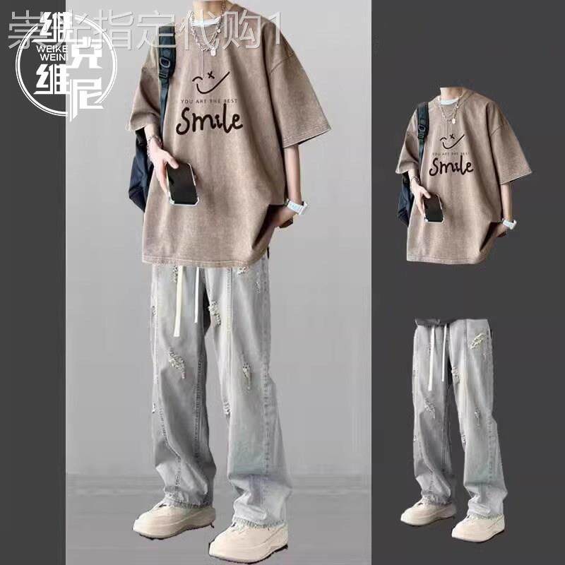 美式覆古休闲 套装男士夏季潮牌痞帅短袖T恤搭配水洗牛仔裤两件套