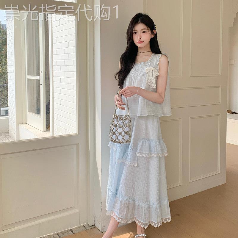 清纯系夏日穿搭套装2026新款无袖上衣蕾丝花边蛋糕半身裙两件套裙