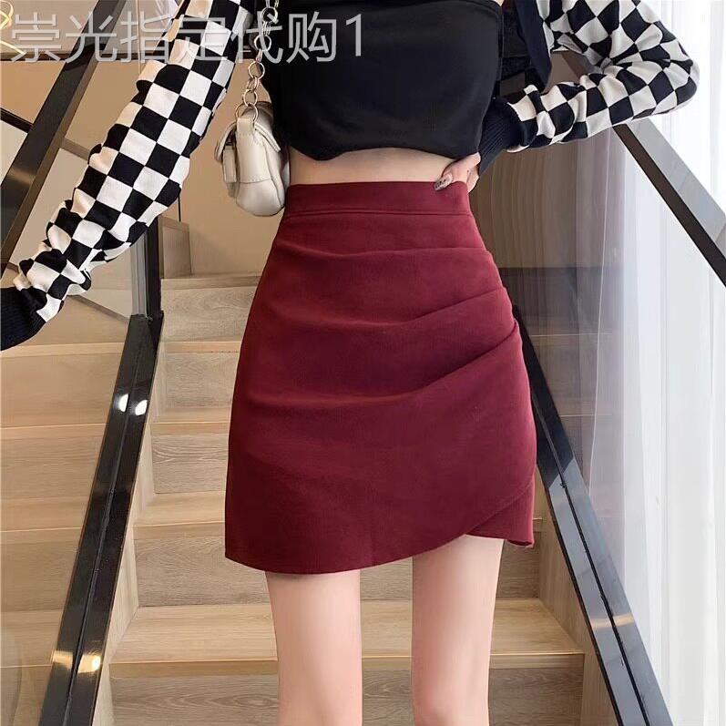 红色西装半身裙女春秋季2026新款a字高腰显瘦小个子褶皱包臀短裙