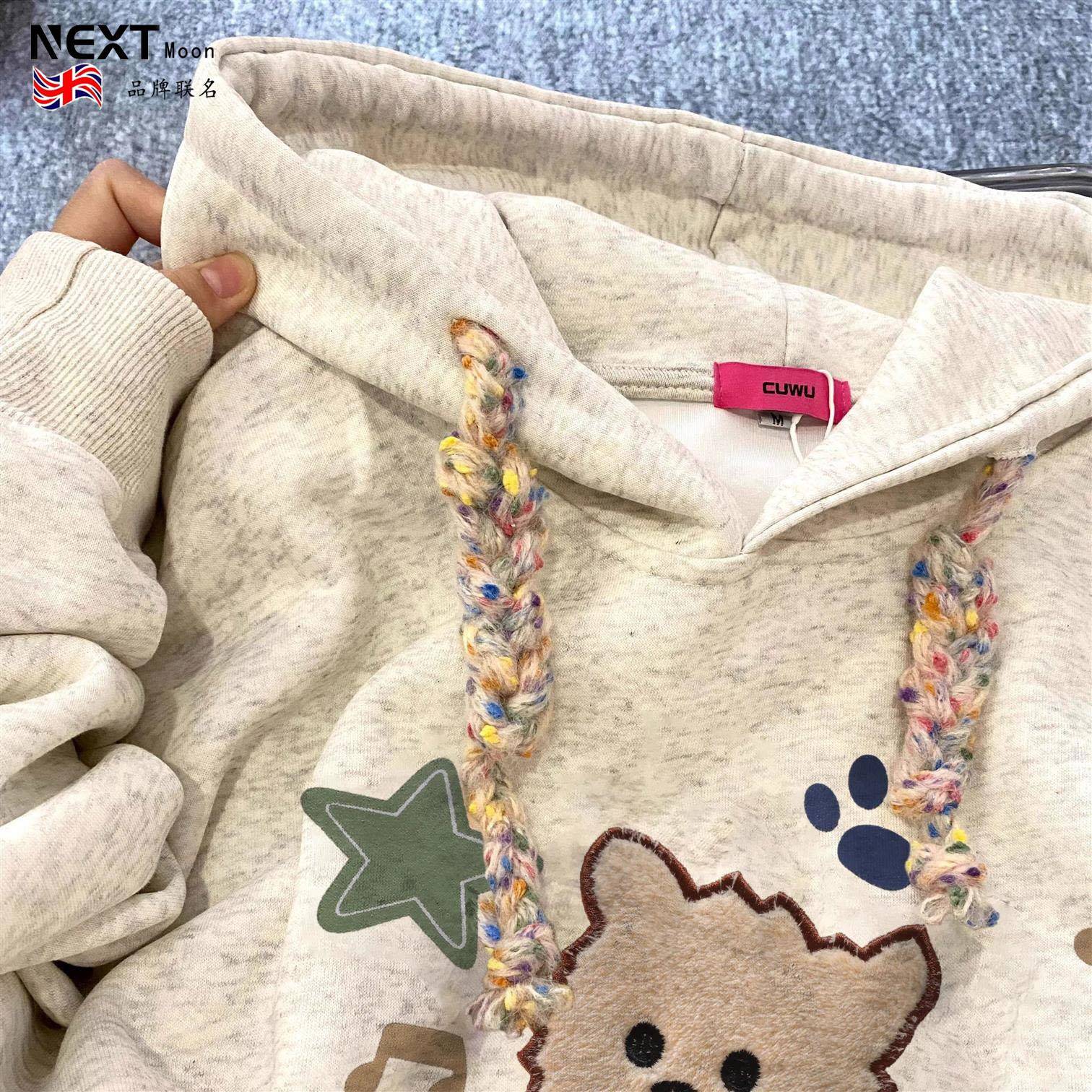 Next Moon英国联名韩系花灰色加绒加厚连帽卫衣女秋冬百搭外套潮