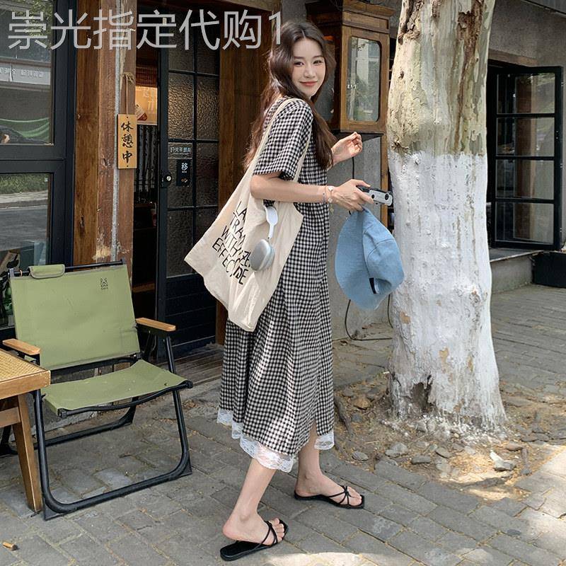 法式复古格纹洋装女2026夏季新款宽松气质显瘦蕾丝拼接衬衫长裙