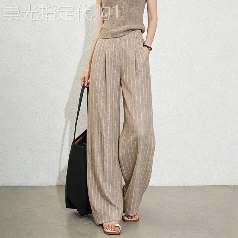 浅棕色条纹亚麻阔腿裤女2026夏季新款通勤风松弛感百搭气质直筒裤