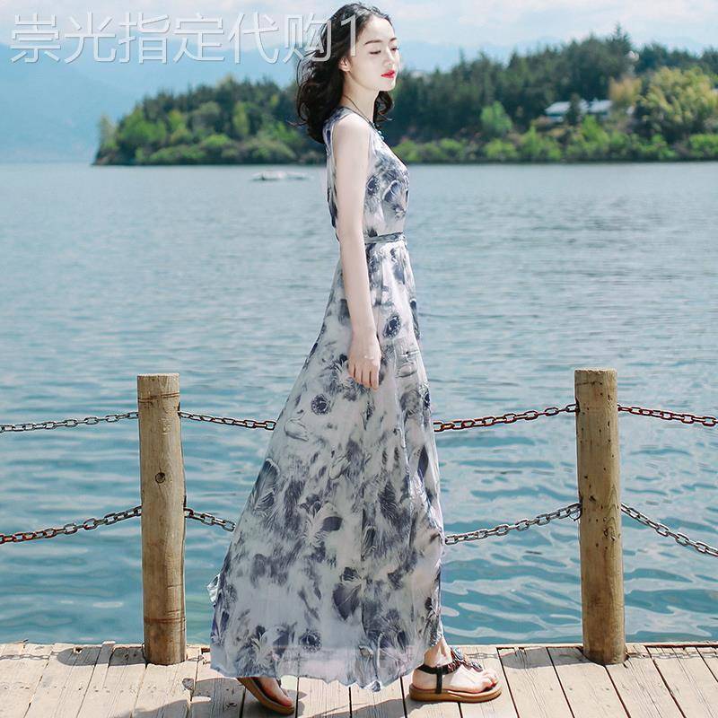 香港itst专柜洋装女装新款夏沙滩裙高级感水墨画无袖长裙子度假