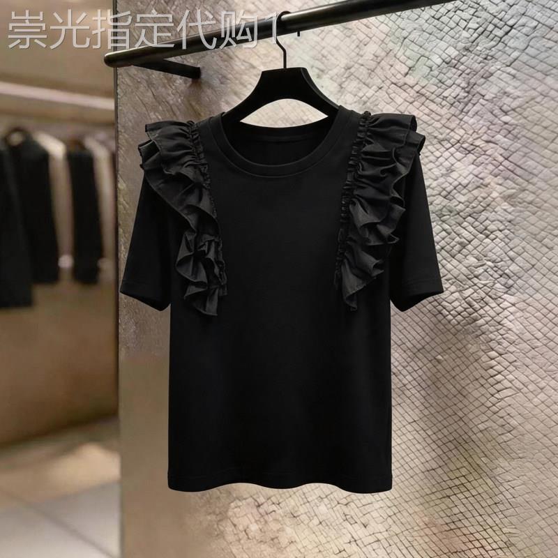 黑色木耳边正肩短袖T恤女2026春夏新款欧货宽松显瘦设计感上衣潮