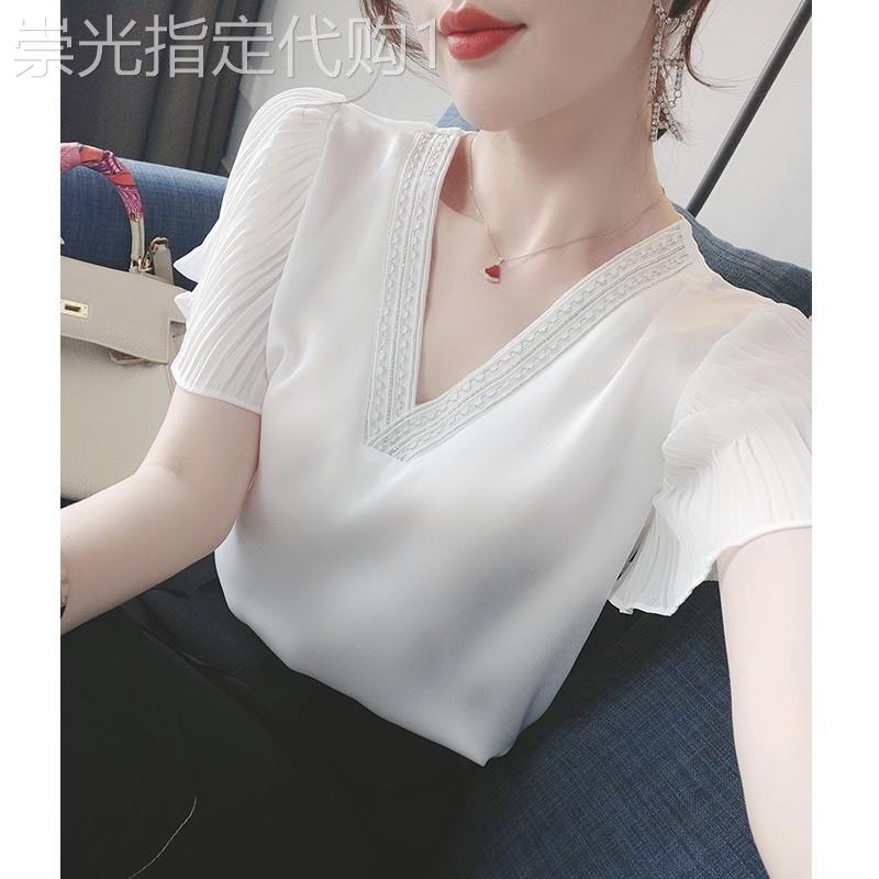 白色雪纺衫女短袖2026新款夏季V领宽松洋派小衫设计感小众上衣女