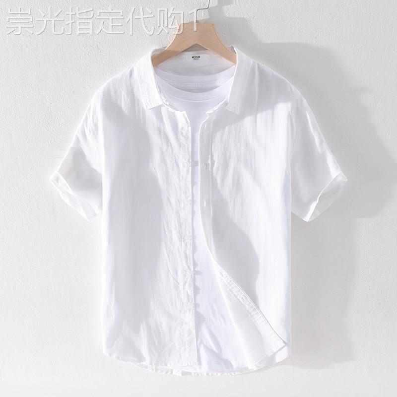 2026夏季新款短袖衬衫棉麻白t恤男士休闲潮流翻领半袖亚麻薄衬衣