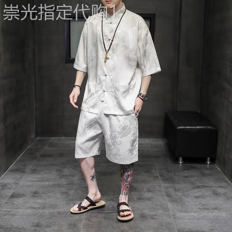 高端中国风男装唐装冰丝套装夏季中式休闲两件套薄款短袖龙纹衬衫
