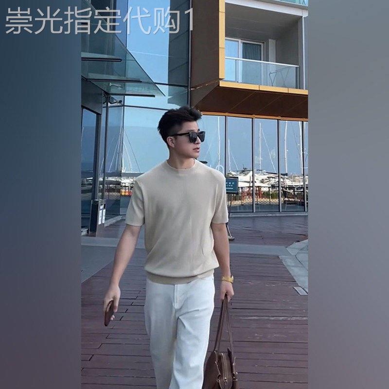 2026新款高端老钱风黑色针织短袖T恤白牛仔裤男士高智感套装穿搭