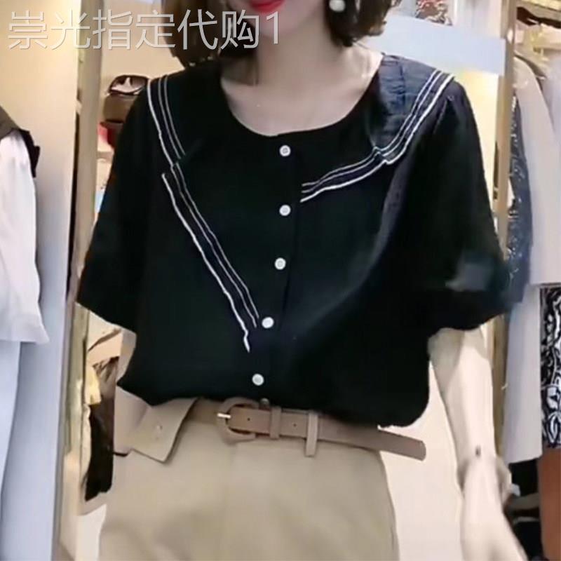 黑色雪纺衬衫女夏季短袖2026新款宽松设计感小众荷叶边气质上衣潮