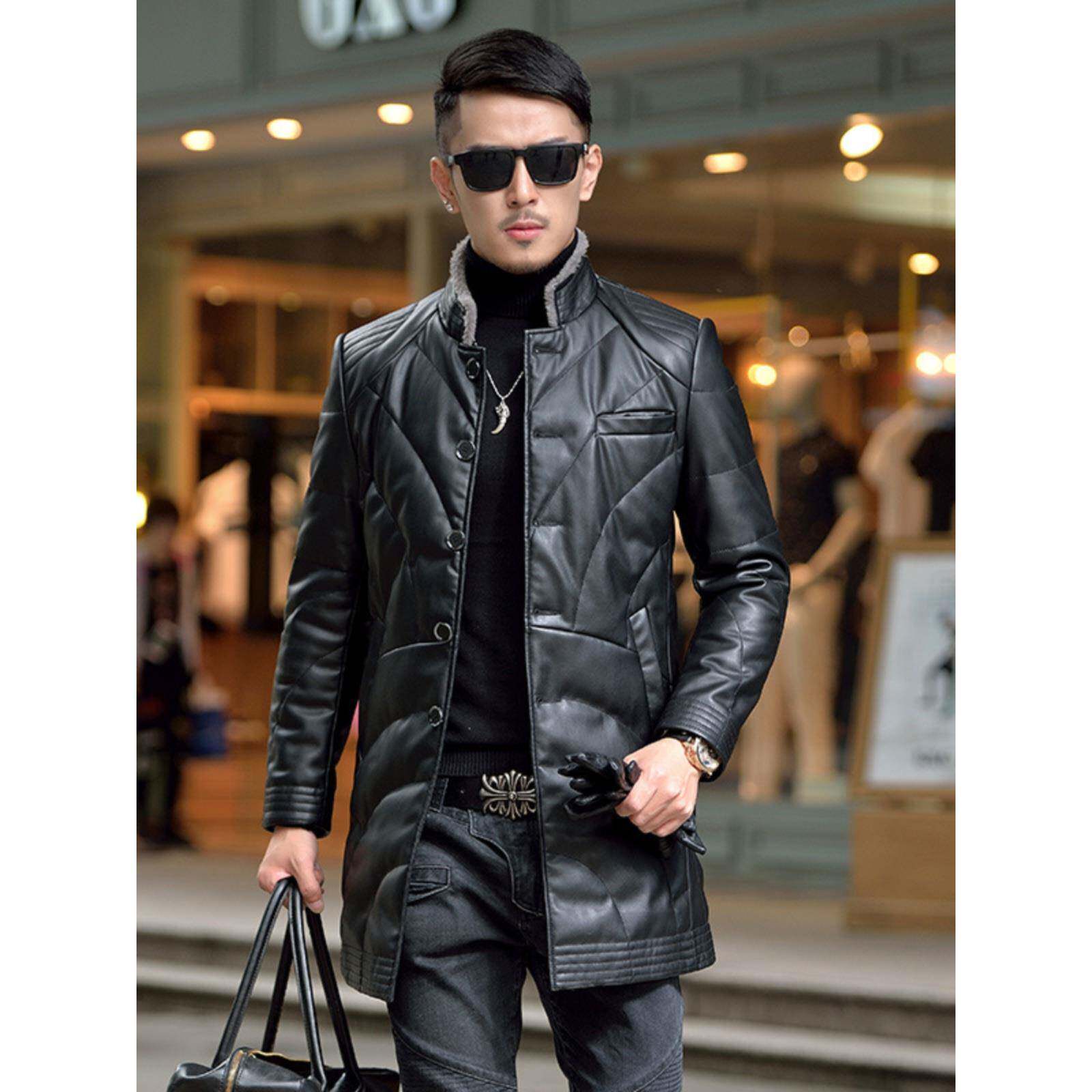 冬季海宁立领皮羽绒服男中长韩式修身真皮风衣中青年男茄克