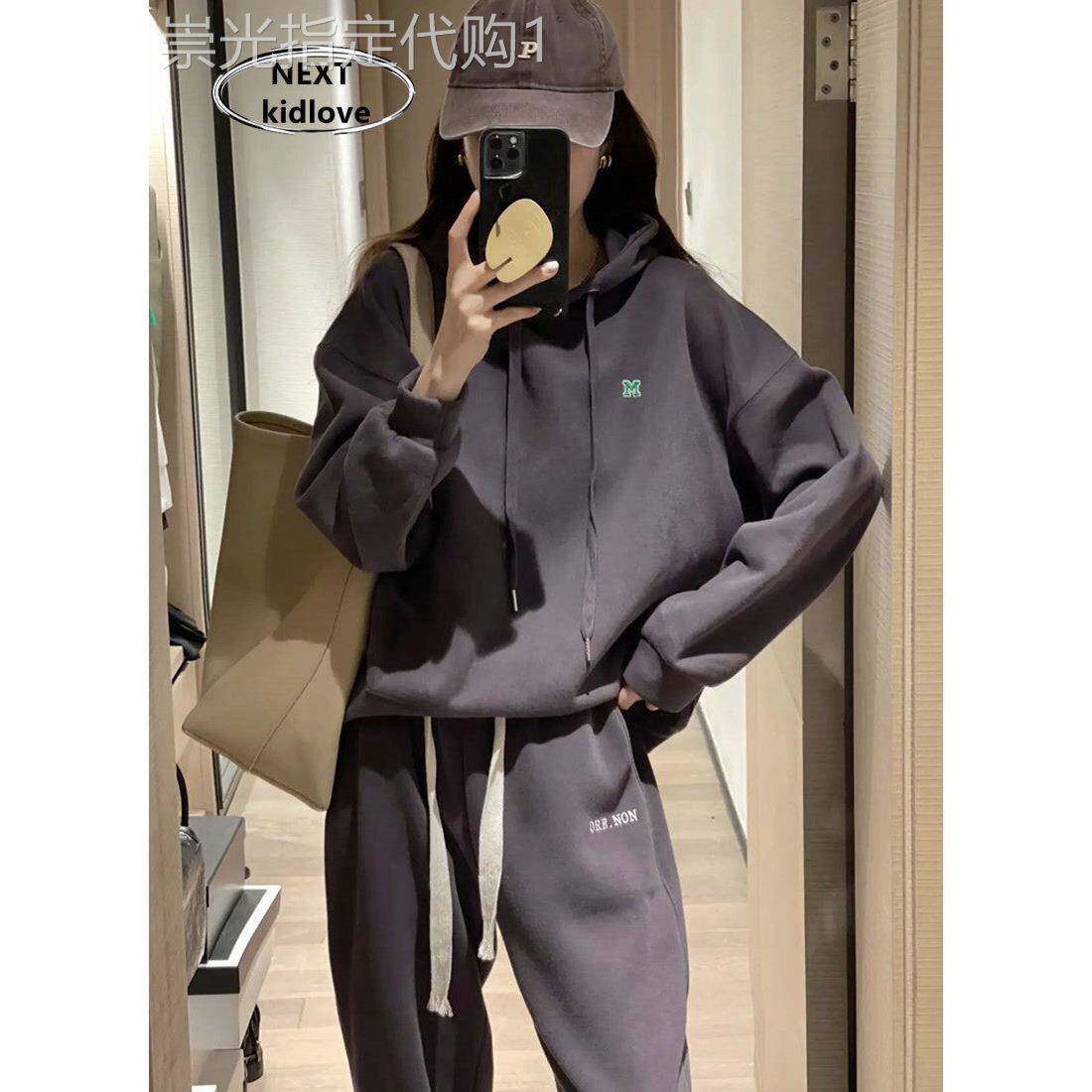 香港春秋冬款加绒连帽卫衣运动卫裤套装女休闲潮牌刺绣欧货两件套