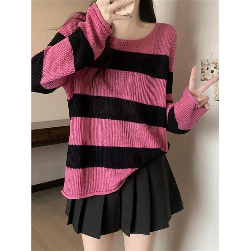 Rouje tusse条纹羊绒针织衫大码秋冬款胖mm显瘦薄款气质羊毛上衣