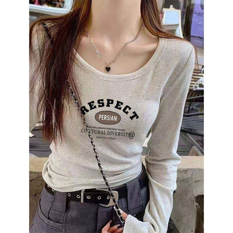 韩国新款正肩纯棉长袖t恤女装时尚百搭浅花灰色打底衫上衣春秋季