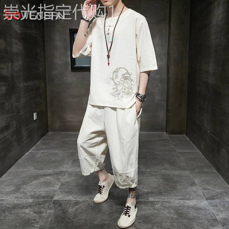新中式国风亚麻短袖t恤男士套装夏季2026新款刺绣棉麻唐装男款潮