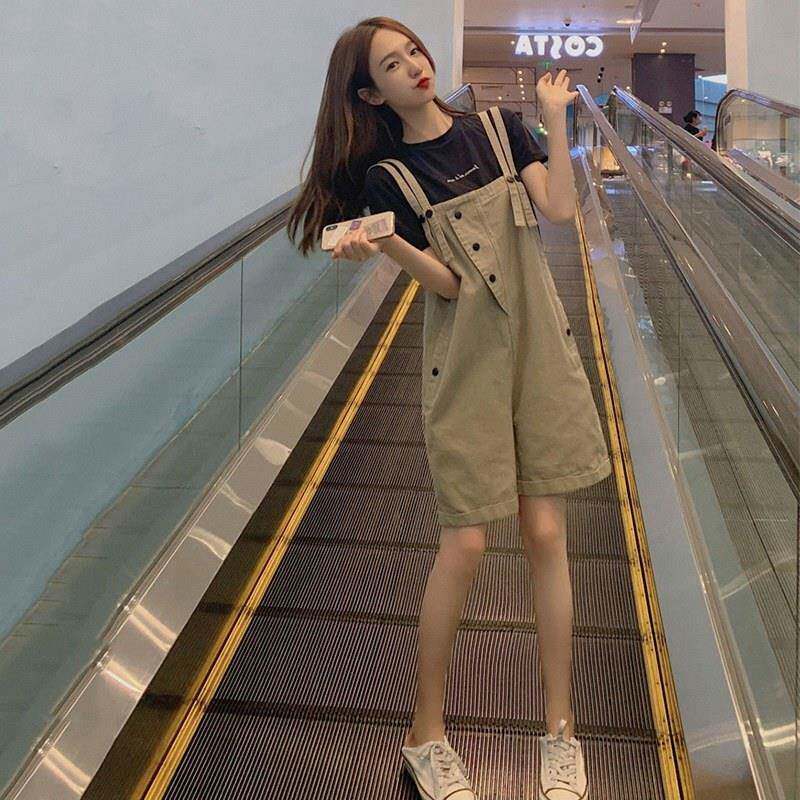 牛仔抱婴袋短裤女夏薄款日系胖mm小个子工装吊带裤超火五分阔腿裤