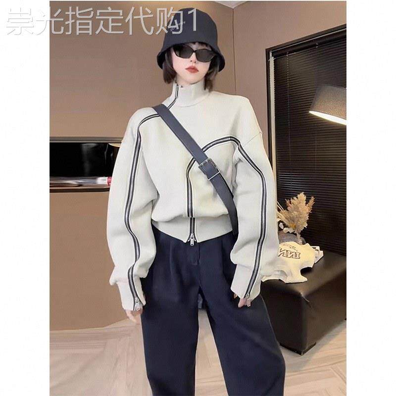 立领撞色套头卫衣女秋冬季欧货短款不规则拉链宽松百搭显瘦上衣