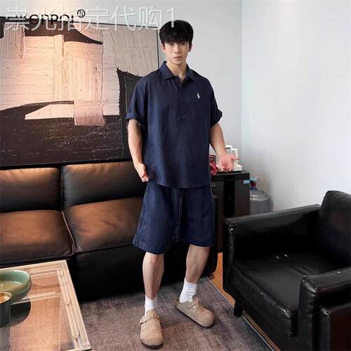 轻奢男士老钱风天丝亚麻套装2025夏季马标短袖POLO衫短裤两件套