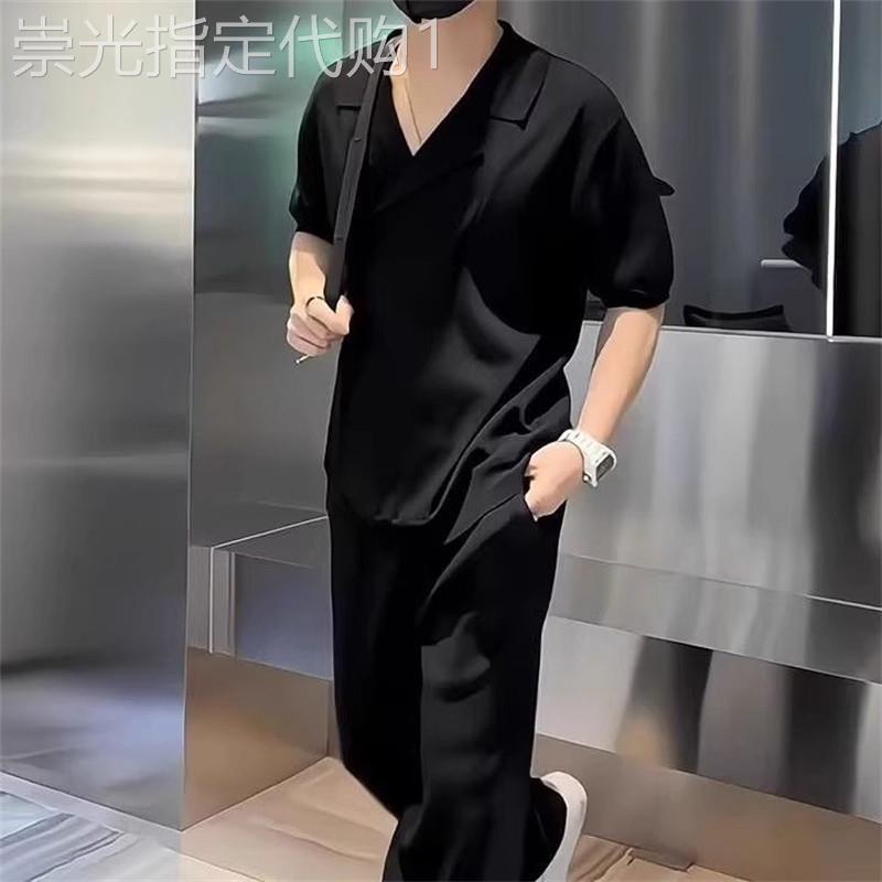 高端纯色宽松V领休闲套装男士2025新款夏季短袖T恤长裤两件套男款