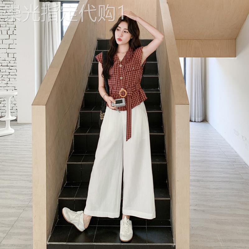 港风复古红色格子衬衫阔腿裤套装女2026夏季设计感气质休闲两件式