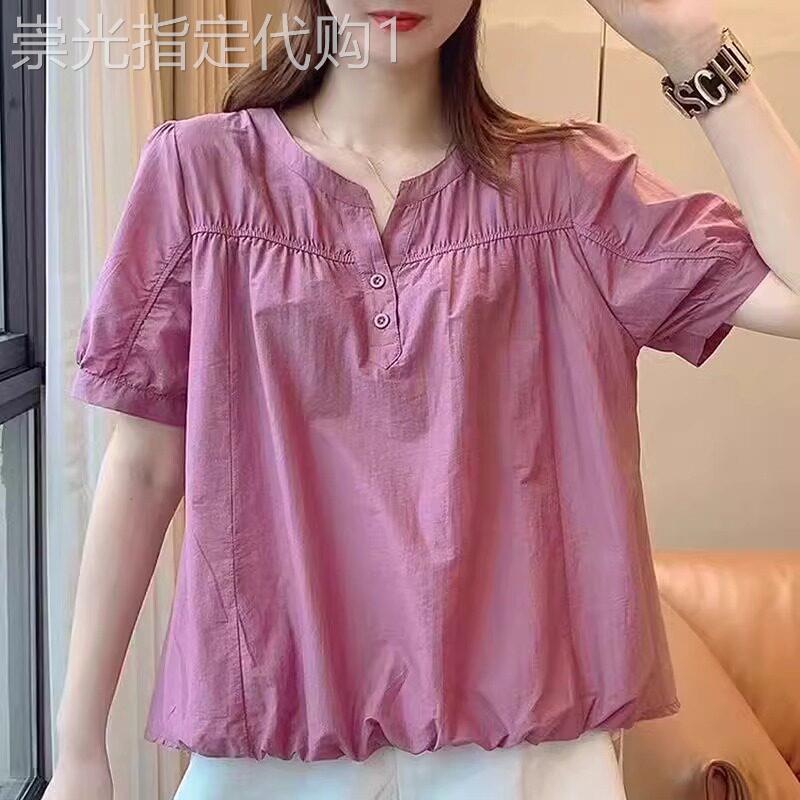 纯棉短袖娃娃衫女夏季2026年新款洋气宽松泡泡袖衬衫女设计感薄款