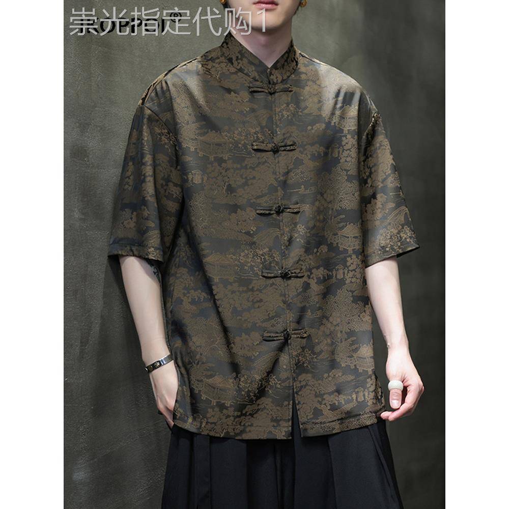 轻奢薄款男士上衣新中式盘扣唐装衬衫冰丝印花立领覆古大码短袖