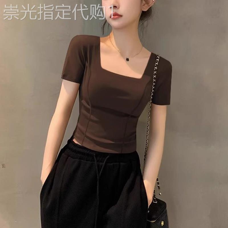 咖色方领短袖T恤女2025年夏季新款紧身短款针织螺纹鱼骨纯棉上衣
