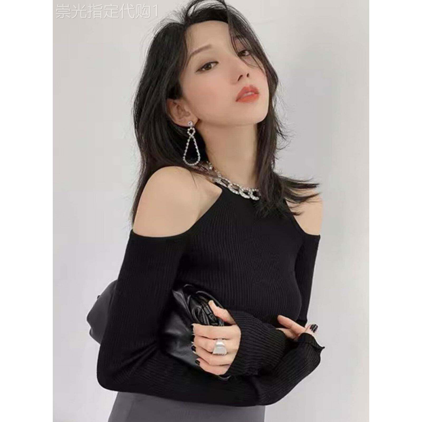 性感露肩毛衣内搭打底衫女春秋款欧货高级感一字肩挂脖针织衫上衣