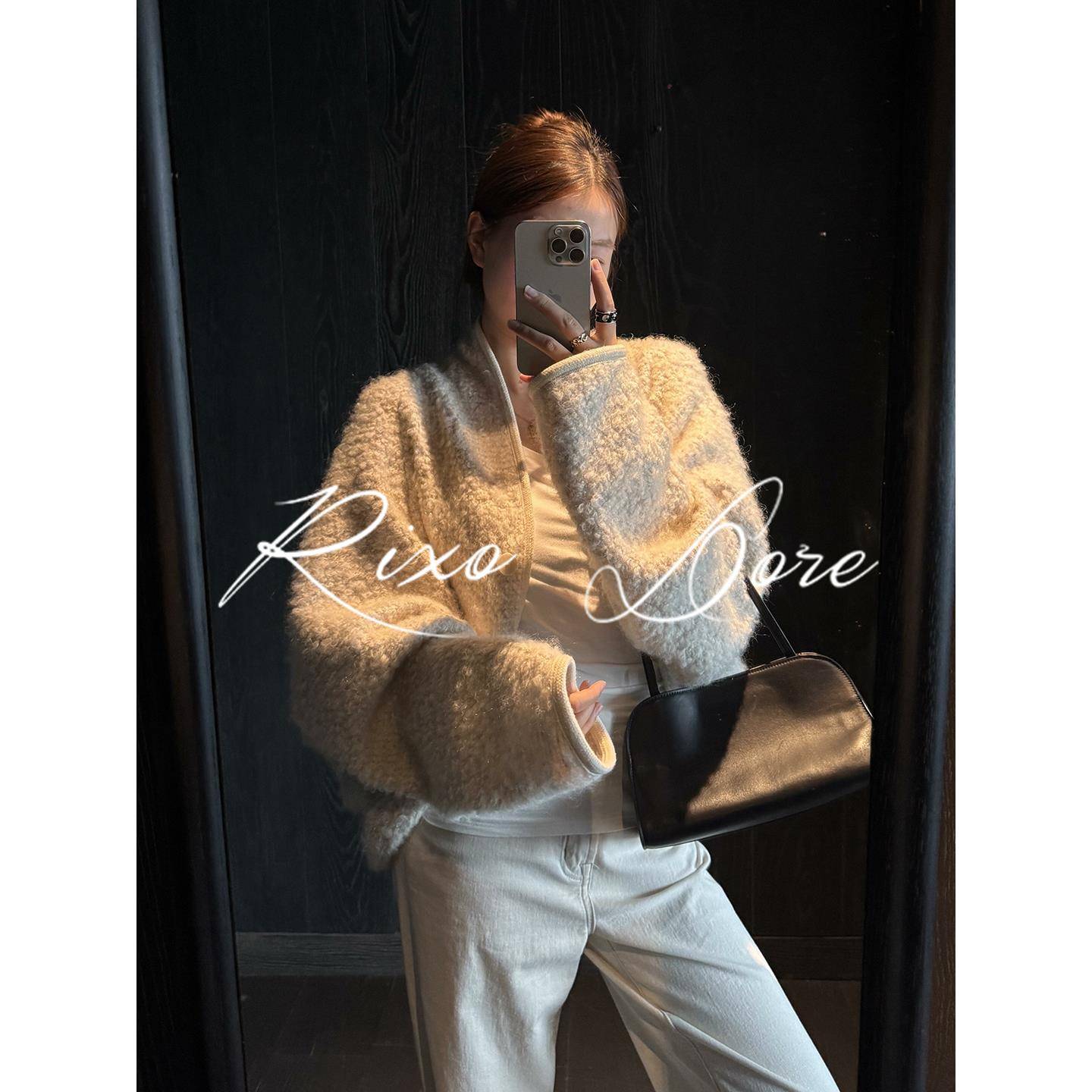 RIXO DORE法式米色小香风羊羔毛外套女秋季新款慵懒松弛开衫大衣