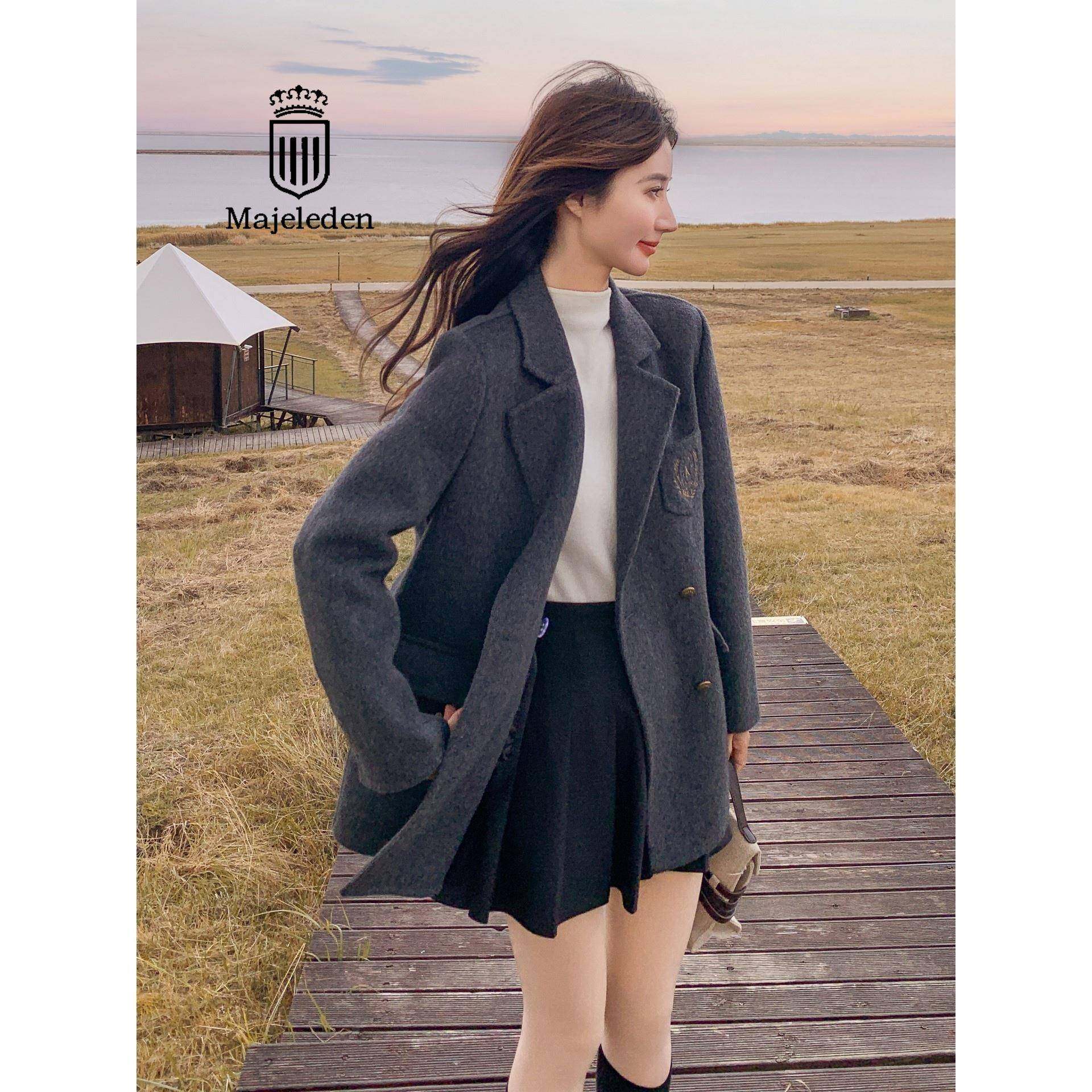 正品2025冬新款灰色英伦学院风双面呢羊毛西装外套女毛呢大衣西服