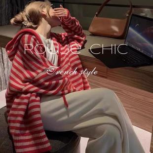 法国rouje chic法式红色条纹浣熊绒连帽拉链针织衫开衫外套女毛衣