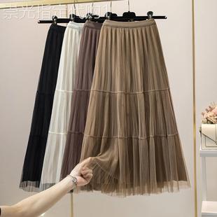 咖色两面穿拼接网纱半身裙女秋冬季 百褶裙垂坠感伞裙 欧货宽松大版
