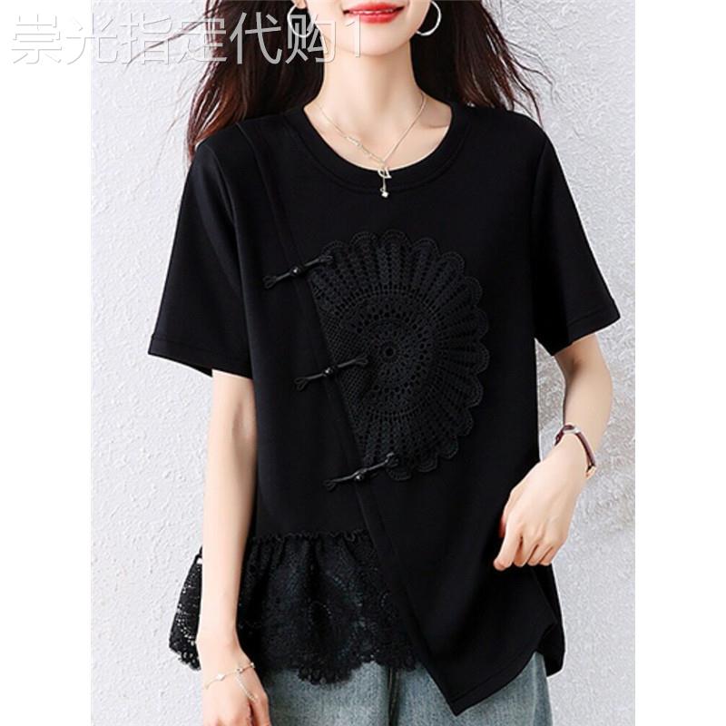 新中式黑色短袖t恤女夏季新款复古国风盘扣蕾丝拼接气质小衫上衣