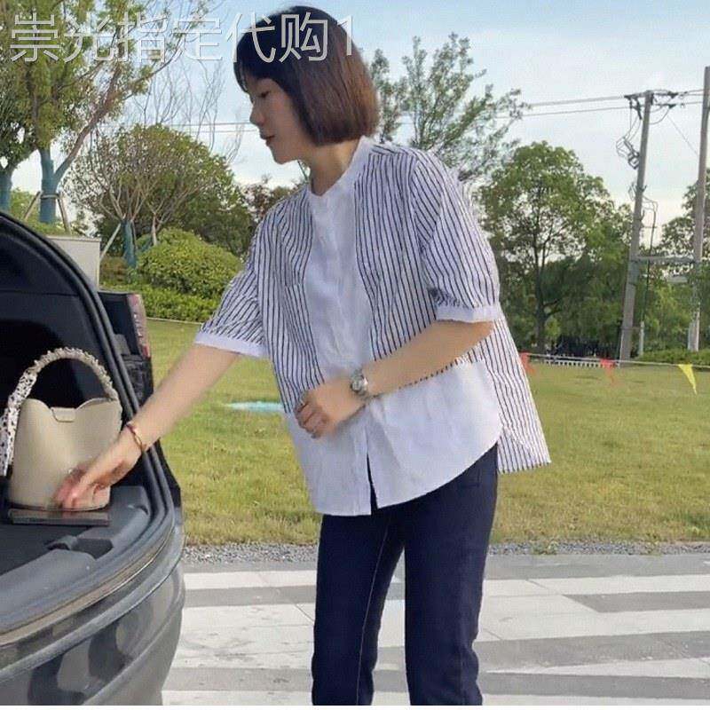 假两件拼接条纹衬衫女士春夏欧货五分泡泡短袖小衫小个子遮肚衬衣