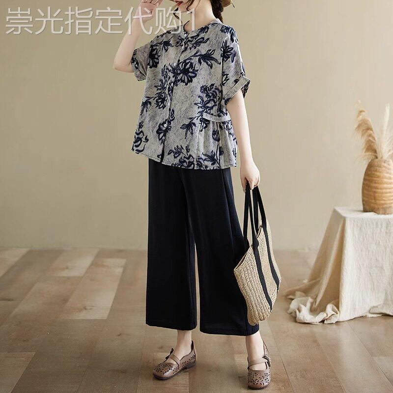 潮牌棉麻亚麻短袖套装女2026夏季新款妈妈休闲高级感阔腿裤两件套