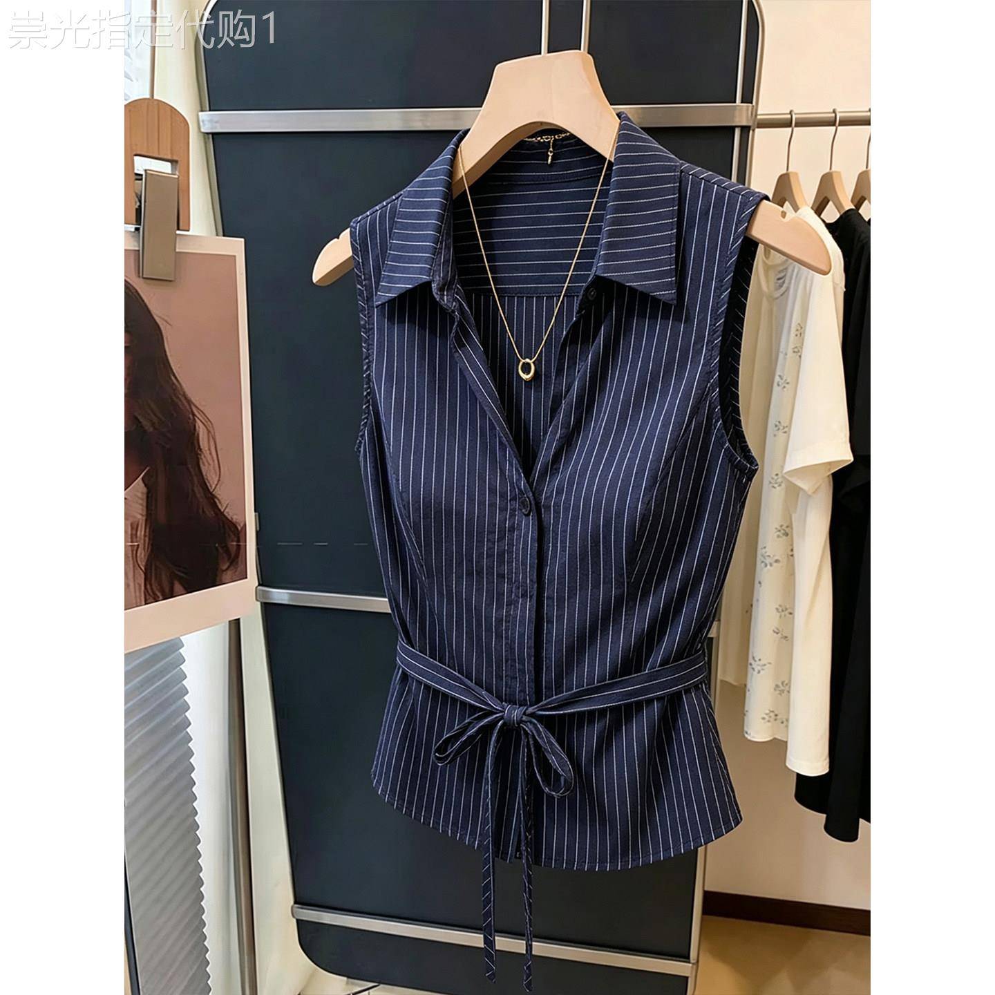 法式轻熟风条纹无袖衬衫女夏季polo领系带收腰通勤风气质减龄上衣