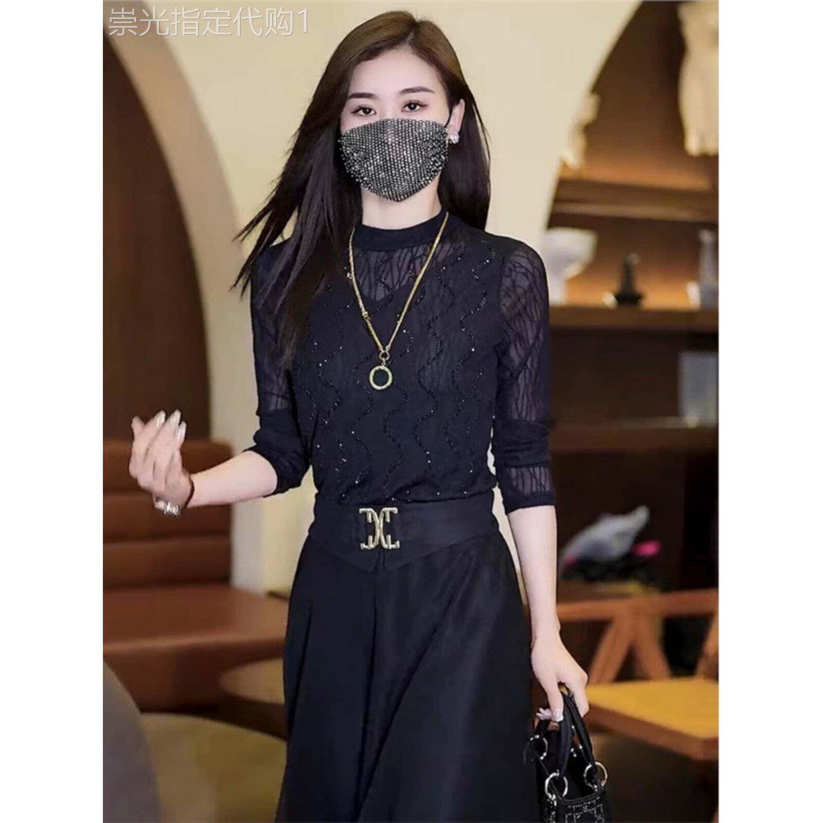 黑色半高领蕾丝打底衫女春秋季新款修身内搭网纱t恤洋气长袖上衣
