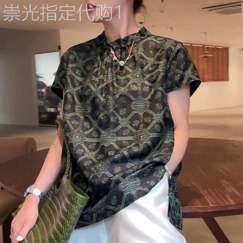 新中式印花绿色短袖女2026年夏季新款醋酸舒适设计感复古小众上衣