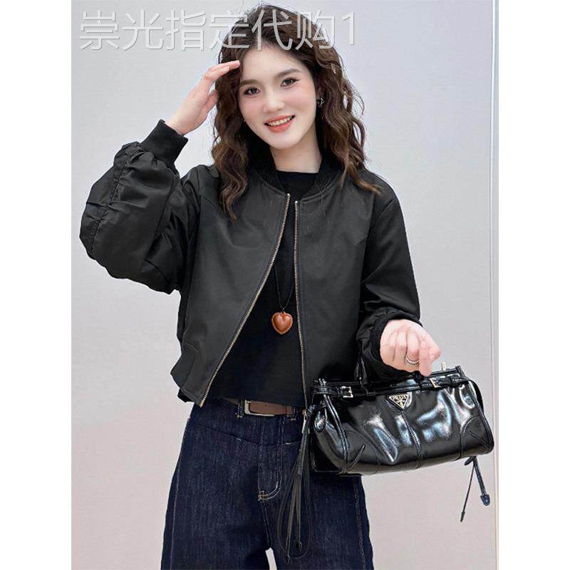 黑色圆领长袖短外套女春秋欧货修身显瘦工装风短款棒球服夹克上衣