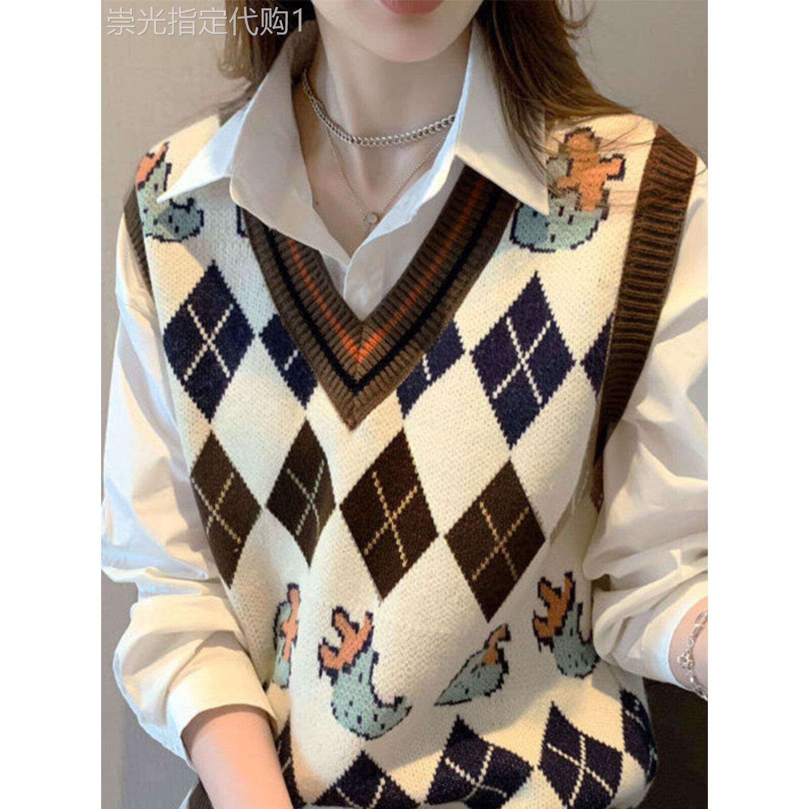 针织马甲背心女士秋季新款覆古无袖马夹宽松菱格坎肩毛衣外穿上衣
