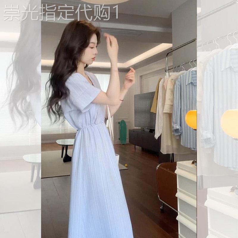 法式气质蓝色短袖连衣裙女2025夏季新款超好看独特漂亮收腰长裙子
