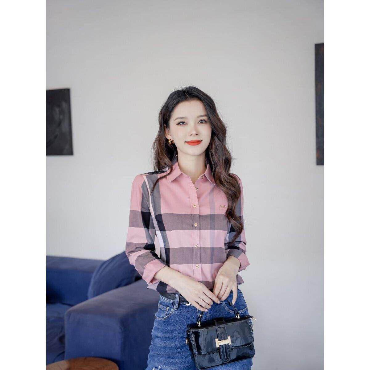 香港棉质休闲粉色格子长袖衬衫女春秋修身显瘦翻领时尚打底衬衣潮