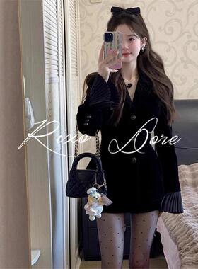 RIXO DORE法式黑色丝绒西装高级设计女秋冬小众收腰显瘦上衣套装