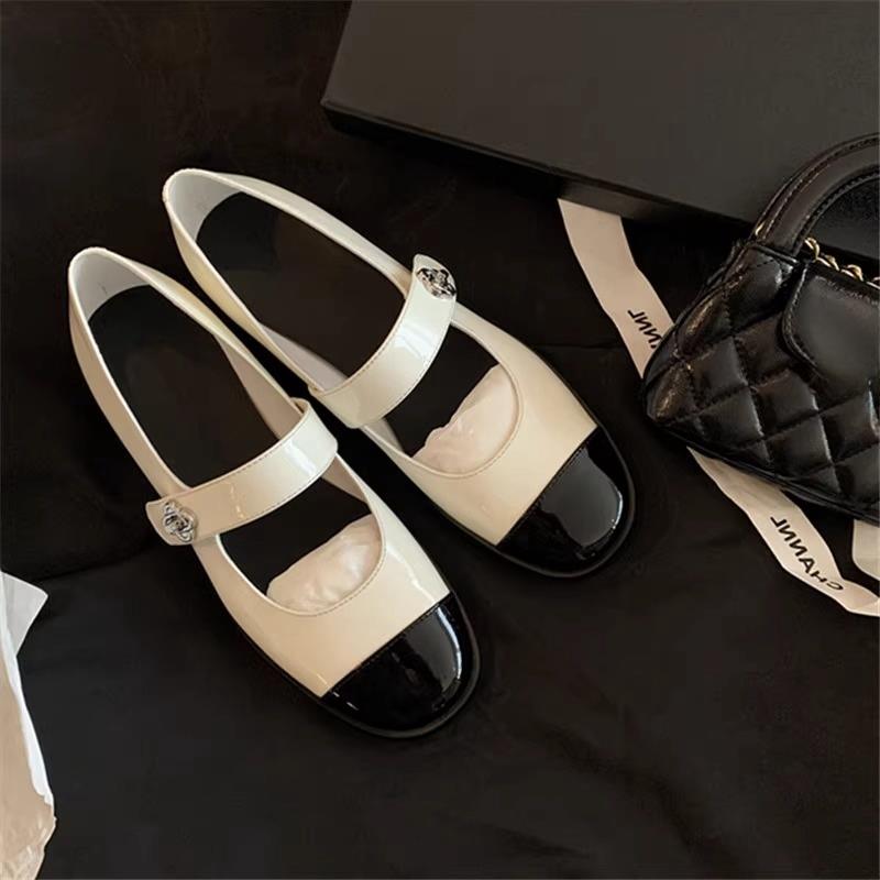 香港小香风一字带玛丽珍鞋女2025春秋真皮法式拼色小皮鞋粗跟单鞋