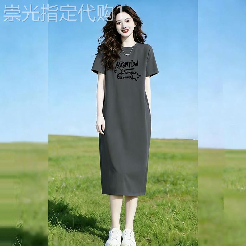休闲风纯棉短袖洋装女夏季2026新款宽松显瘦中长版过膝直筒裙子
